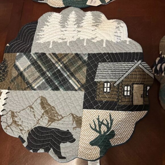 Rustic Lodge Cabin Quilted Placemats Set Of 4 Deer & Bear Design - Picture 2 of 6